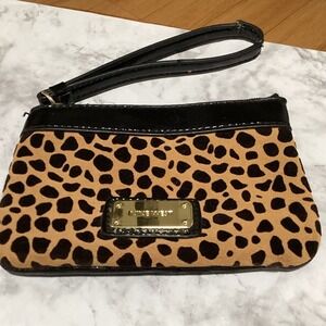 Nine West Leopard Animal Print Wristlet Black Patent Trim with ID Window